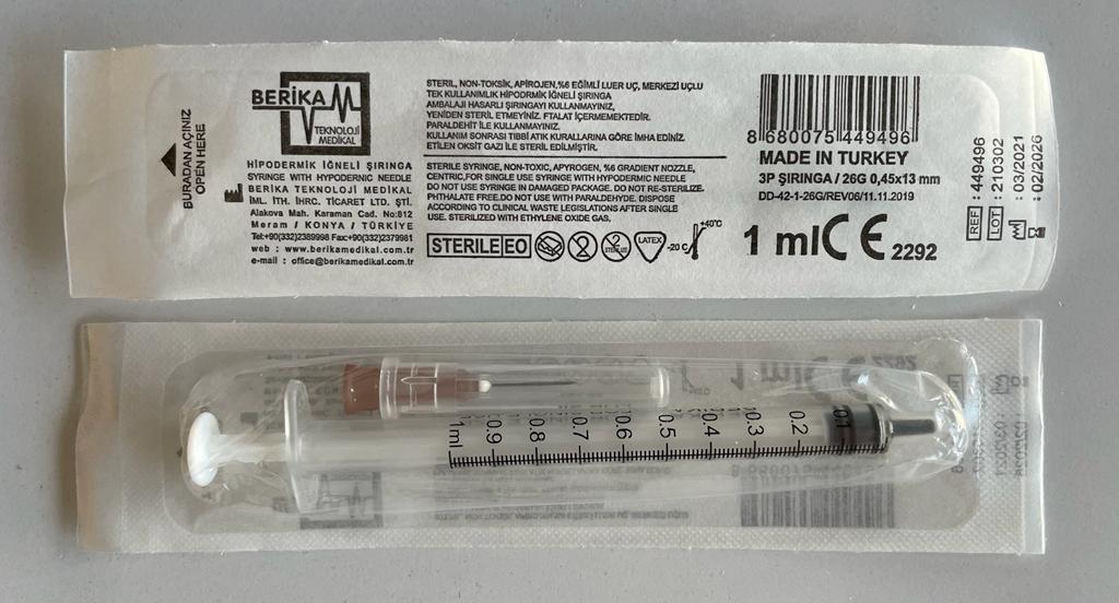 İnsülin Enjektörü Steril 1 Ml 26 G 100'Lü Berika